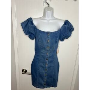 Blashe Women's Denim Button Front Off Shoulder Puff Sleeve Dress NEW ~ Size M